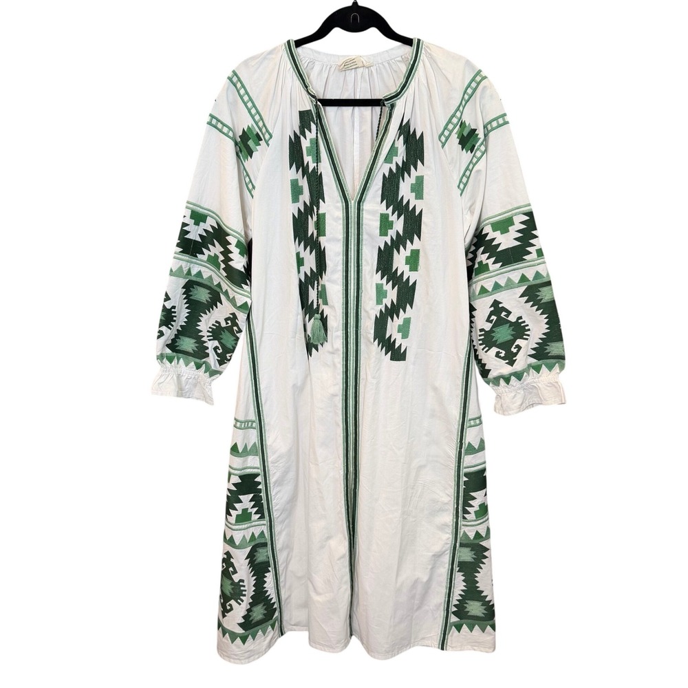 Julia Amory Kaftan Dress Womens White Green Embroidered Boho Midi Size M